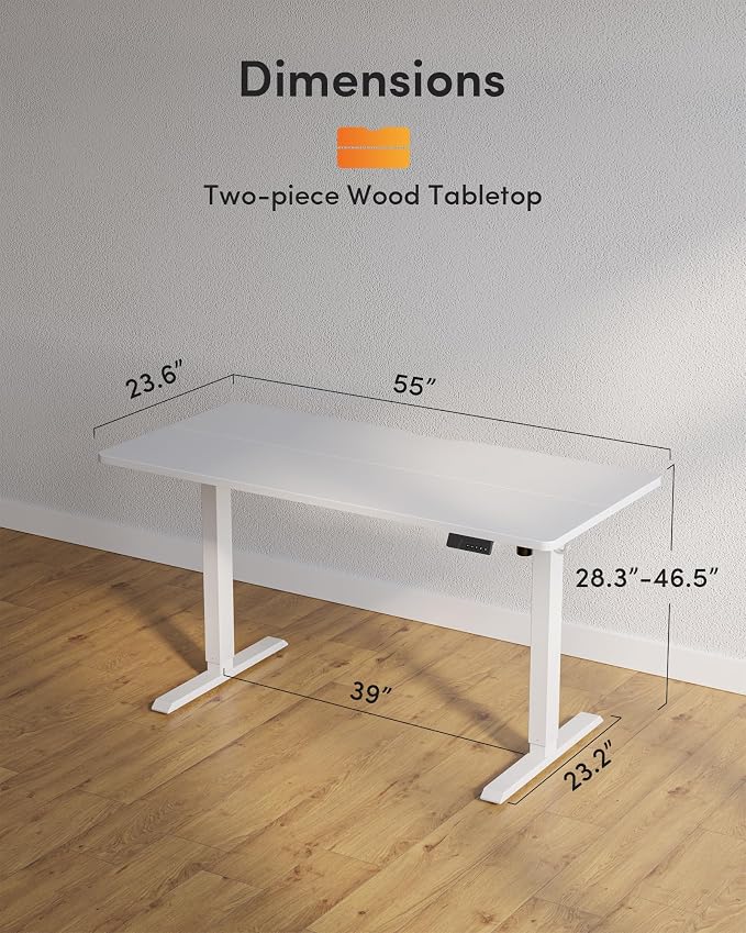 DESINO Standing Desk, 55 × 24 Inches Electric Height Adjustable, Sit and Stand Up, Computer Office Desk with Splice Board, White Frame/White TOP