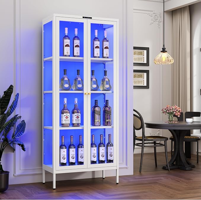 Polup 66" White Glass Display Cabinet with 8-Color LED for Collectibles | Metal Frame & Tempered Glass Doors, Motion Sensor LED, 3 Adjustable Shelves, 4-Tier Space, for Indoor Plants & Figures