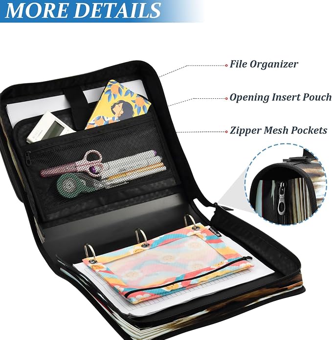 3 Ring Zipper Binder Patriotic American Theme Trapper Keeper Binder Organizer Portfolio with File and Shoulder Strap & Handle Large Capacity File Folder