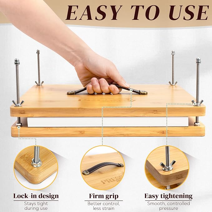 Pressandco Book Press – 14.6" x 11.6" Wooden Bookbinding Press with Leather Handle for Binding Books, Repair, Rebinding & Paper Craft – Includes Tools: 10 Binder Boards & Bookbinding Cloth