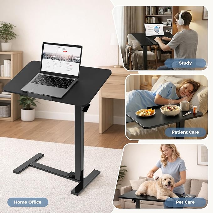 DUMOS Overbed Table with Wheels, Height-Adjustable Bedside Table, Black | Rolling standing desk with Pneumatic Lift, Portable mobile desk for Bed, Couch, Office, Sofa