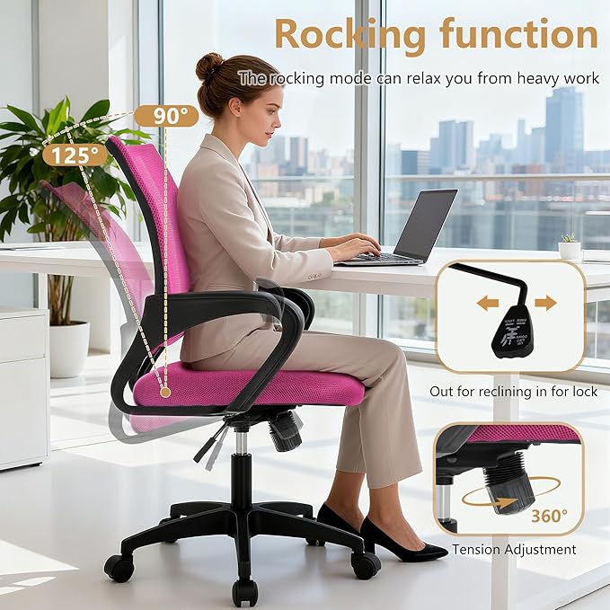 BestOffice | Ergonomic Office Chair | Mid-Back Swivel Desk Chair | Breathable Backrest & Lumbar Support | Adjustable Height | Sponge Seat | Rolling Wheels | Peach Pink | for Adults & Women