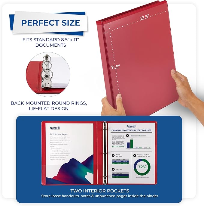 Samsill 0.5 Inch 3 Ring Binder, Economy Round Ring, Clear View Cover, 100 Sheet Capacity - for School, Home, Office - Red, 4 Pack