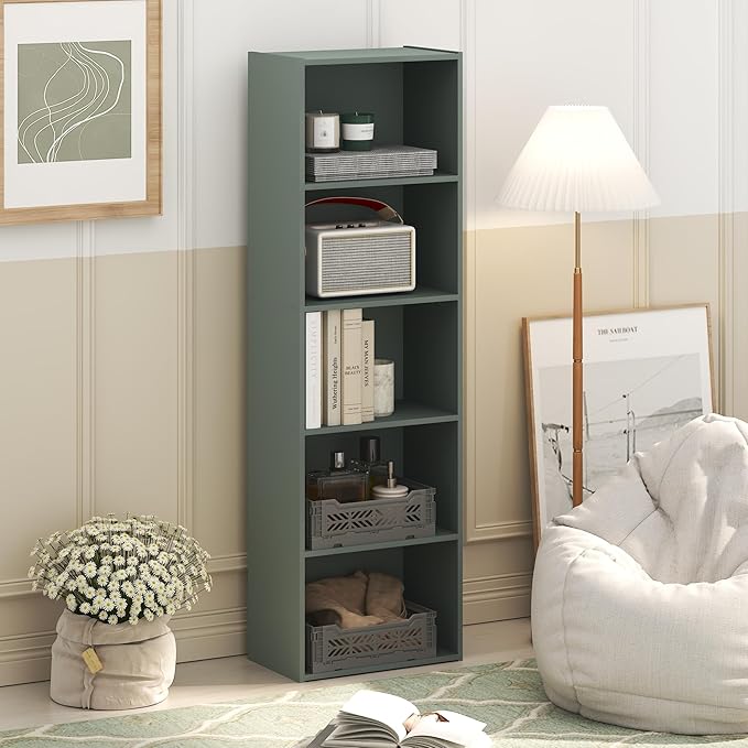 Furinno LUDER Book Shelf, 5-Tier Bookshelf, Bookcase with Open Shelves, 9.4 x 15.8 x 52, Easy Assembly, for Living Room, Bedroom, Home Office, Sage Green