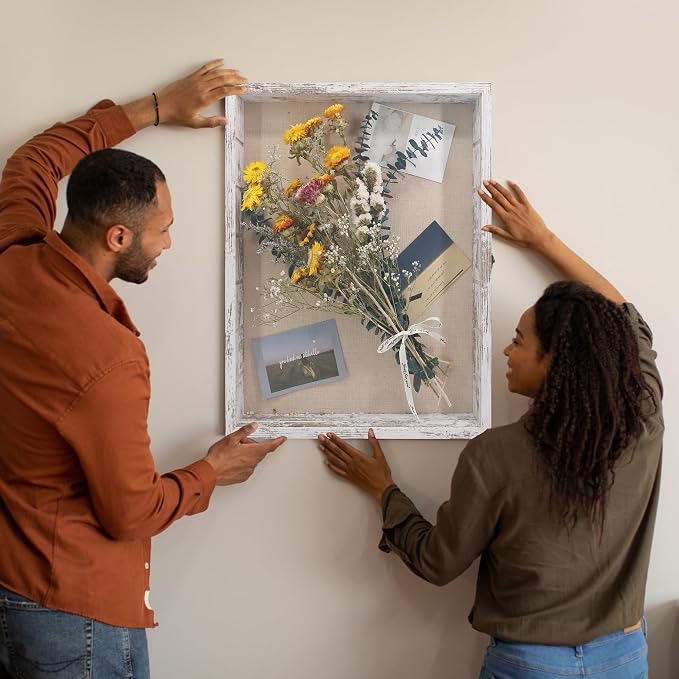 Shadow Boxes Display Cases 16x20 with Removable Shelves, 2.2 Inch White Deep Shadow Box Frame for Keepsake Collectibles, Coins Military Medals Pins Wedding Flowers