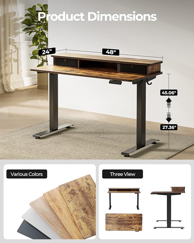 48x24 Inch Electric Standing Desk with Double Drawers, Adjustable Feet & Hooks, Ergonomic Home Office Workstation, Brown