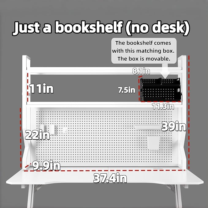 Desktop Bookshelf, Multi-Size pegboard Storage Organizer Rack, Dorm Desk Shelf, Desk Hutch, Desk top Storage Rack, Student Desktop Storage,Desk Shelves for top of des(White, 37.4" Lx9.9 Wx39 H)