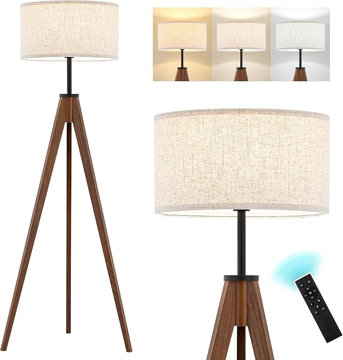 ELYONA Ash Wood Tripod Floor Lamp Stepless Dimmer & Color Temperature, Remote Control Mid Century Modern Coner Standing Lamp Linen Shade for Living Room Bedroom Office, LED Bulb Included, Walnut