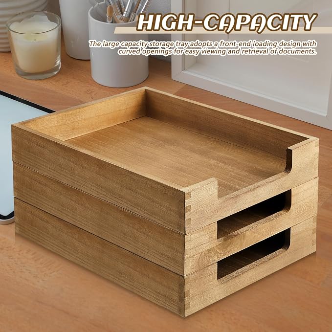 Fulmoon 3 Pcs Stackable Wood Letter Tray A4 Size Desk Tray Organizer Wooden Office Documents Tray Desktop Mail File Folder Document Magazine Storage