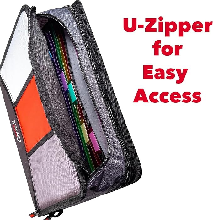 Case-it School Zipper Binder | 3" O-Rings | 600-Sheet | D-156-N Jet Black | Mighty Zip Tab, 5-Color Tab Expanding File Folder, Multiple Pockets, Shoulder Strap, Office