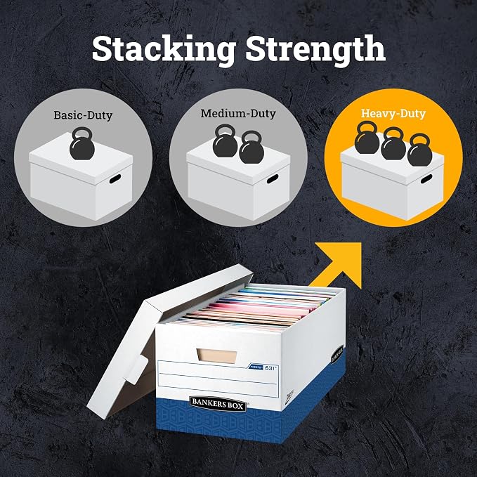 Bankers Box 12 Pack Presto Heavy-Duty File Storage Boxes, Instant Assembly, Lift-Off Lid, Letter, White/Black