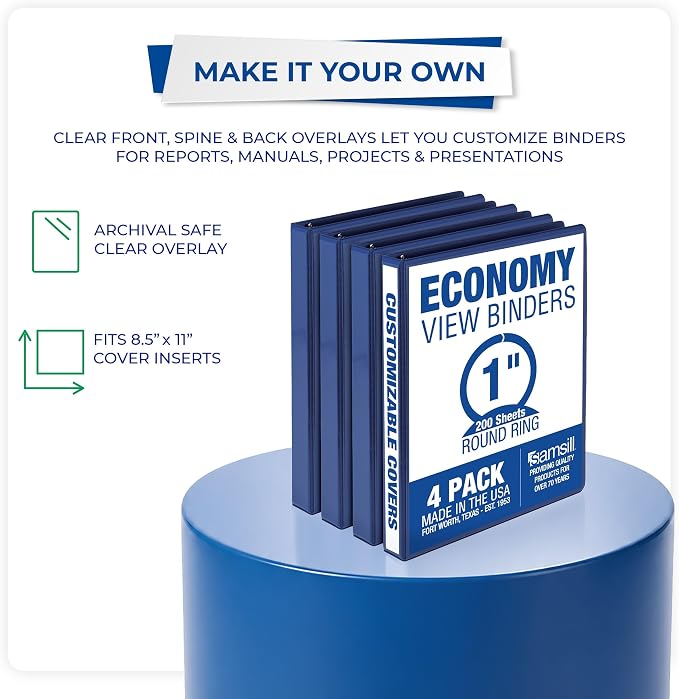 Samsill 1 Inch 3 Ring Binders, Economy Round Ring, Clear View Cover, 200 Sheet Capacity - for School, Home, Office - Blue, 4 Pack