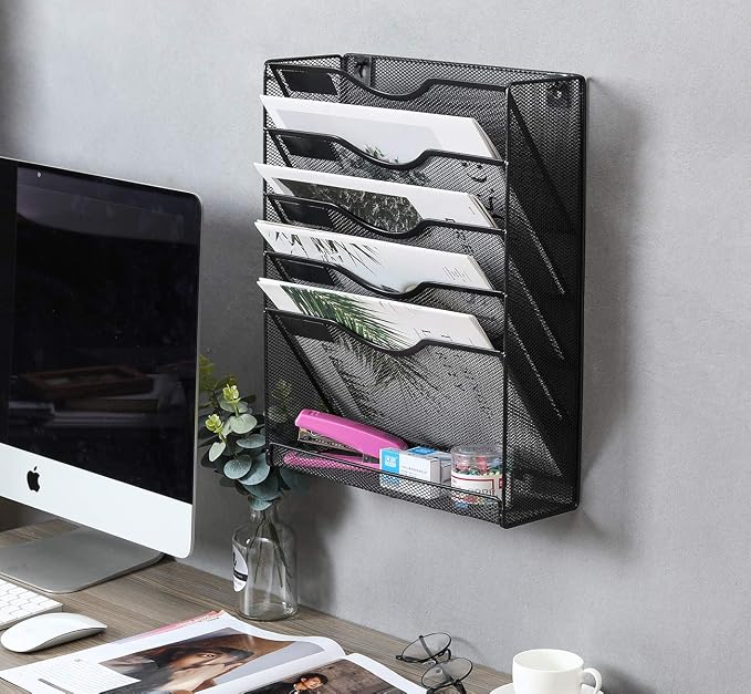 EasyPAG 5 Tier Wall File Holder Mesh Hanging Folder Organizer with Classify Label, Versatile Desk File Holder, Vertical Wall Mounted Mail Organizer for Office Home Cubicle, Black, Closed Sides