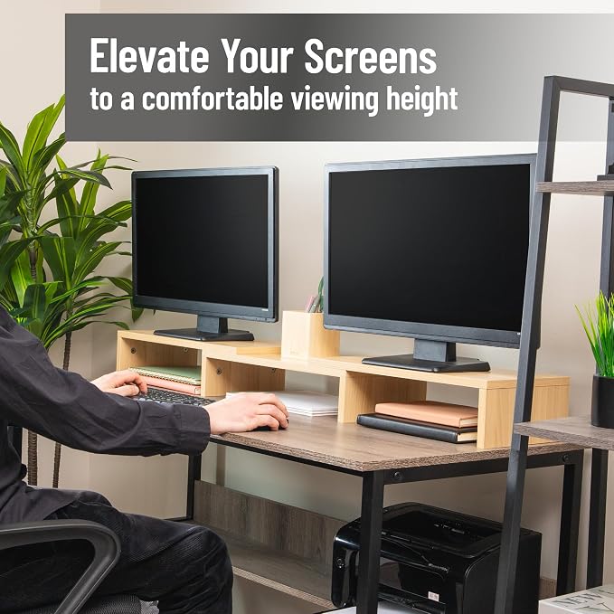 Mind Reader Dual Monitor Stand, Desktop Organizer, Laptop Riser, Office, MDF, 51.25"L x 9.25"W x 4.75"H, Brown