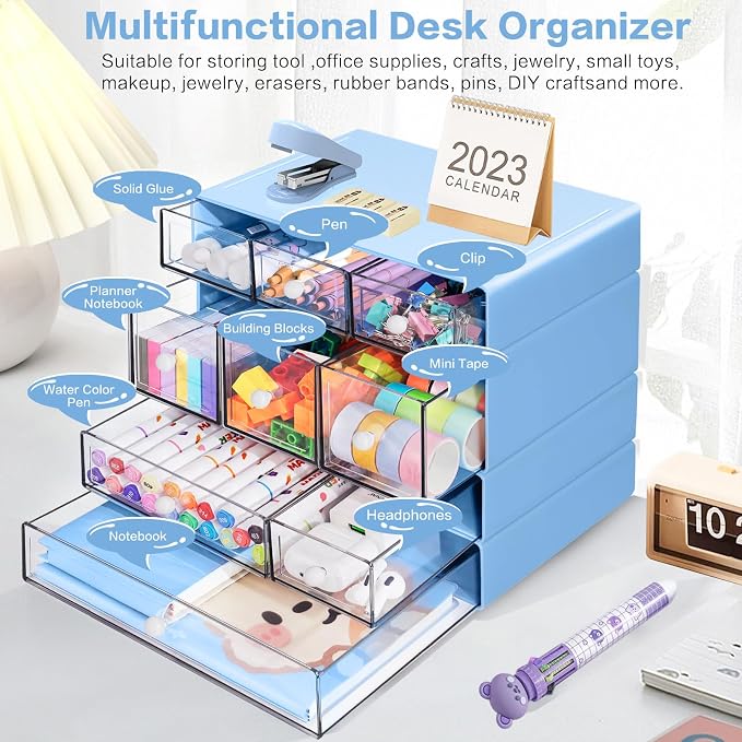 Desk Storage Organizer with 9 Drawers, 4 Tiers Stackable Desktop Craft Storage Drawers, Clear Storage Box Caddy for Stationary Makeup Jewelry Office Craft Supplies (Blue)