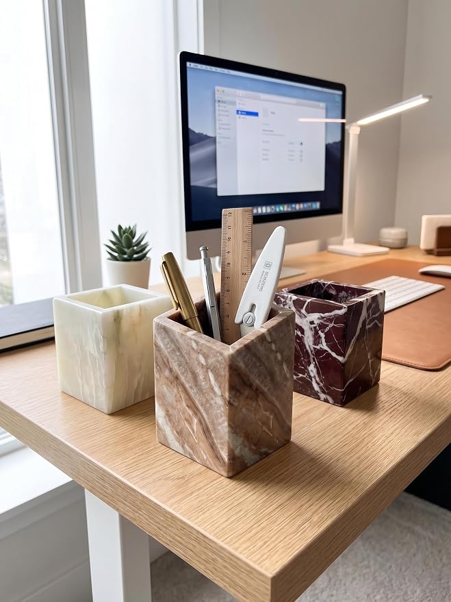Natural Marble Pen Holder, 2.95” x 3.74” Square Desk Organizer, Marble Toothbrush Holder, Makeup Brush Holder, Decorative Storage Cup for Office Vanity Bathroom Kitchen Countertop, Brown