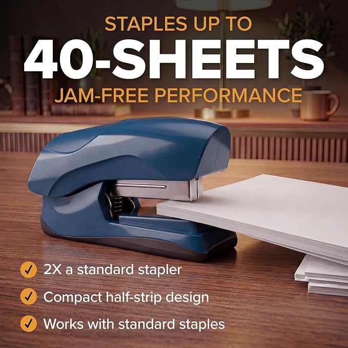 Bostitch Heavy Duty Compact Stapler, 40-Sheet Capacity, No-Jam Technology, Flat Clinch Design, Half-Strip Desktop Stapler, Blue