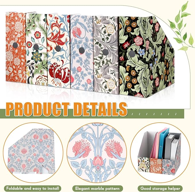 PerKoop 12 Pcs Magazine File Holder Foldable Decorative Cardboard File Folders 6 Patterns Floral Colored Magazine Rack with Printable Sticker Labels for School Office Home Desk (Floral)