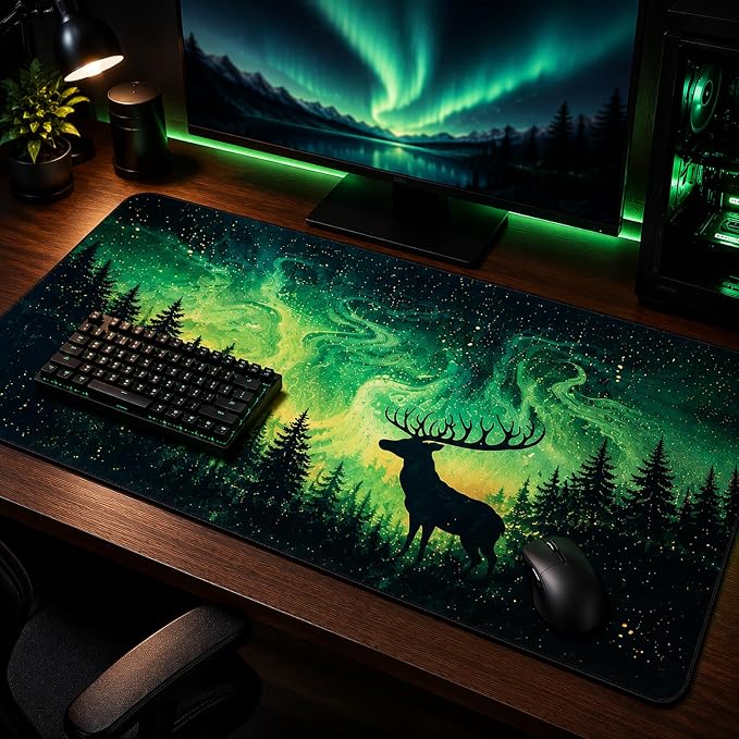 Aurora Borealis Gaming Mouse Pad XXL 31.5x15.7 Inch, Forest Desk Mat | Northern Lights Forest Design with Extended Large Mousepad, Waterproof Non-Slip Rubber Base Desk Pad for Gaming, Office, Home