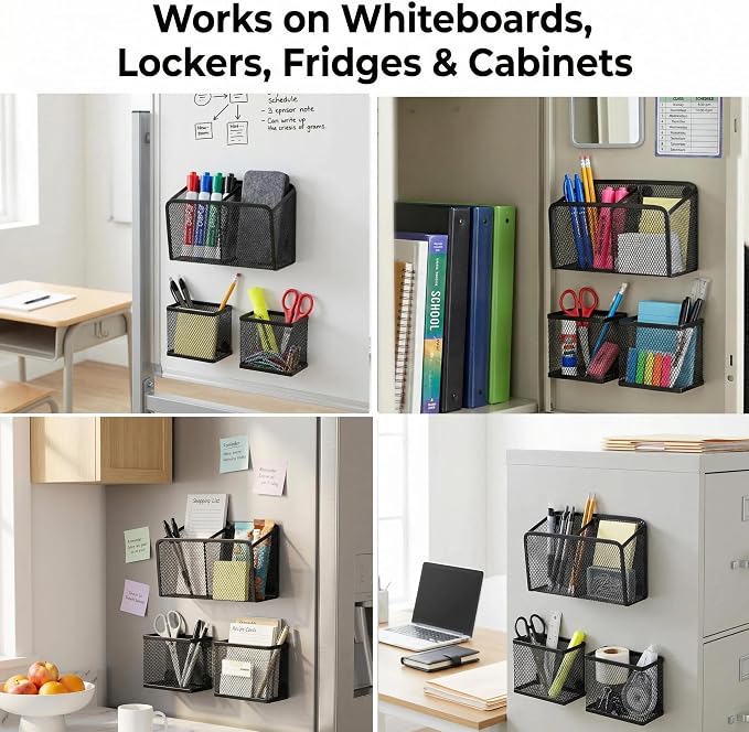 Neudeco Magnetic Locker Organizer, Set of 3, Black | Mesh Pencil Holder & Storage Basket, For Locker, Whiteboard & Refrigerator, Strong Magnet, School Supply Organizer