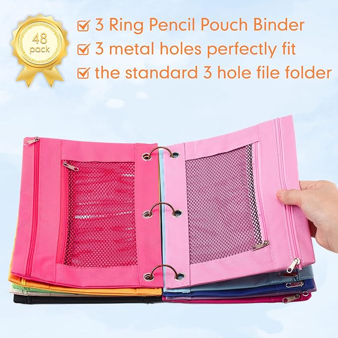 Leelosp 48 Pack Pencil Pouch for 3 Ring Binder,Vivid Colors | Bulk Mesh Zipper Binder Pouches Pencil Boxes for Classroom Pencils Case Bags for Storing School Students Teacher Supplies