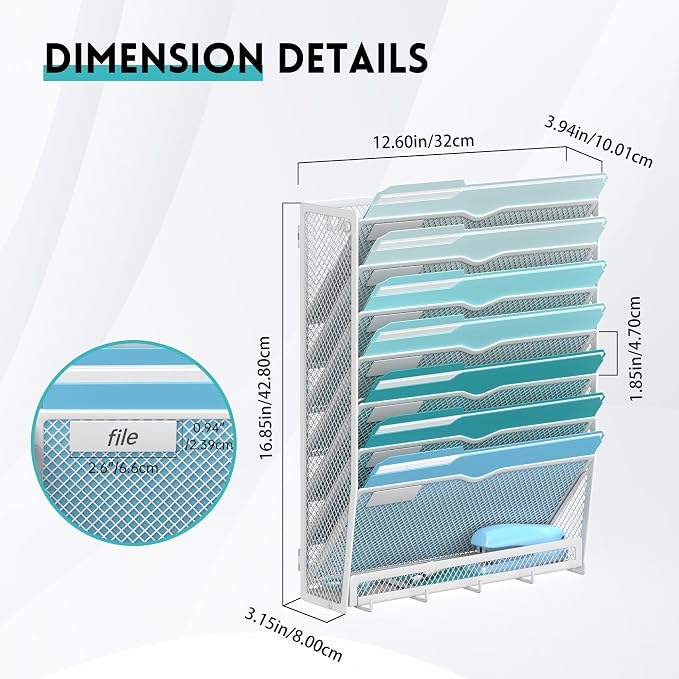 8-Tier Wall File Organizer and Mail Organizer with 5 Hooks, White | Label slots, curved openings, 5 key hooks, and a bottom tray support organized mail, file, and everyday item storage.