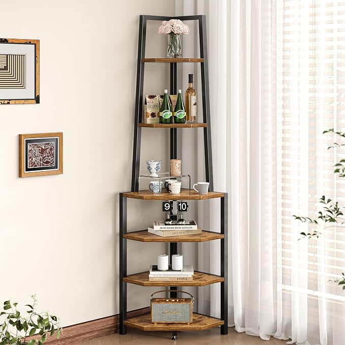 VECELO 6 Tier Corner Shelf 69 Inch Industrial Bookshelf with Metal Frame, Multipurpose Tall Plant Stand with Opening Display Shelves for Living Room, Bedroom, Home Office, Small Space, Brown