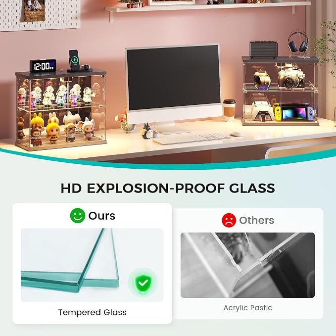 Dystler Glass Display Case with LED Lights, Small 2-Tier for Figures | Lighted Display Cabinet with Motion Sensor, Clear Tempered Glass Door, USB-C Charging Hub for Collectibles, Rocks, Tabletop