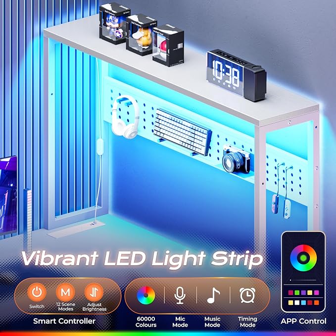 L Shaped Gaming Desk with LED Lights & Power Outlets | Reversible Computer Desk with Storage Shelves & Bag, Large Corner Home Office Desk with Pegboard for Work from Home, White