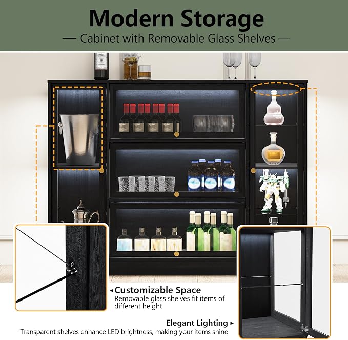 Display Cabinet with Acrylic Glass Doors,Extra Wide Curio Cabinet with LED Lighting for Collectibles, Collectibles Toy Organizers Rack & Display Shelf Display Case, Black