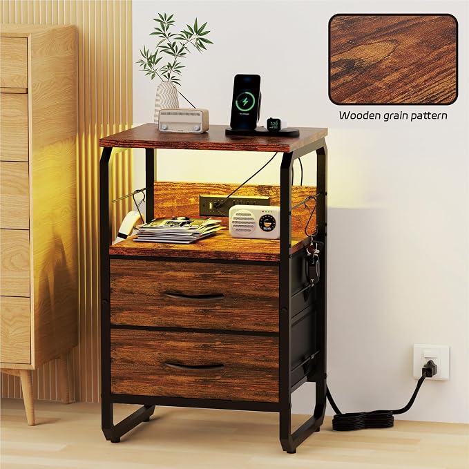 runjuly Small End Table with LED Light, Charging Station, and Hooks, Brown | 2 Fabric Drawers Storage, Type C & USB Ports & Power Outlets, Industrial Wood, Metal Nightstand for Living Room / Bedroom