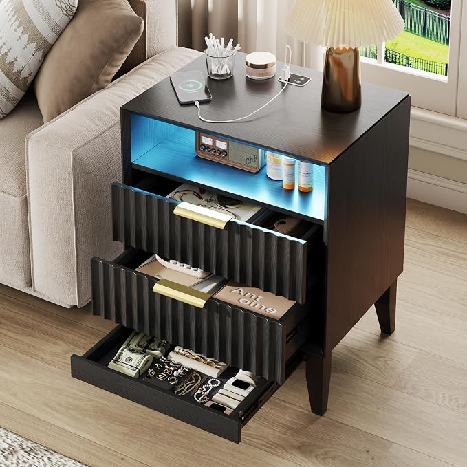 20“ W Fluted LED Nightstand with Charging Station, RFID Lock, Black | Bedside Table with Hidden Drawer, 2 Drawers, Open Cubby, Motion Sensor, USB and Type-C Ports, Night Stand for Bedroom
