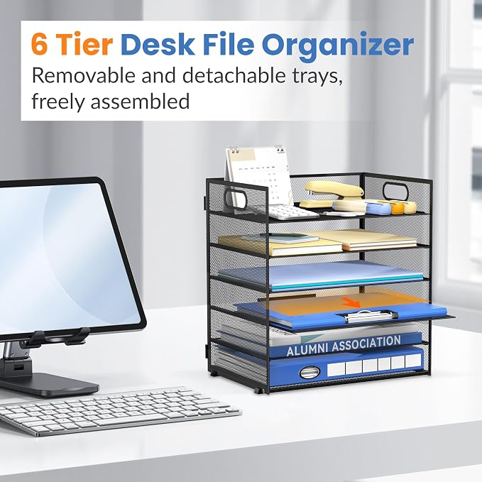 Daltack 6-Tier Paper Organizer for Desk with Handle, Black | Sturdy Metal Mesh Organizer with Movable Middle Trays and a Carry Handle for Papers, Folders and Office Supplies