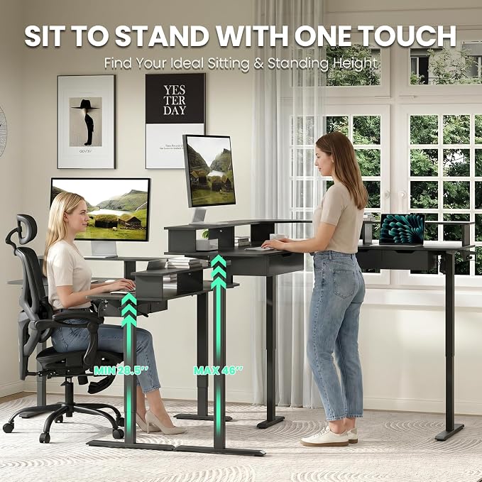 MALOL 59" L Shaped Electric Standing Desk with Drawers, Height Adjustable Desk with Power Outlets & LED Lights, Monitor Stand, Corner Computer Desk for Home Office, Black