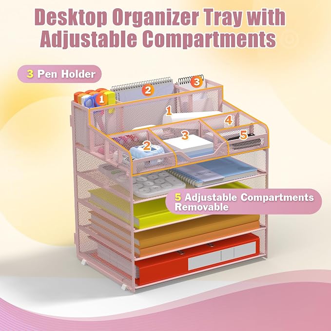 Docnest 5 Tier Mesh Desk Organizer with Letter Tray & Paper Sorter, Pink | Features 3 built-in pen holders & 5 adjustable compartments on top. Includes 4 non-slip rubber feet for desk protection