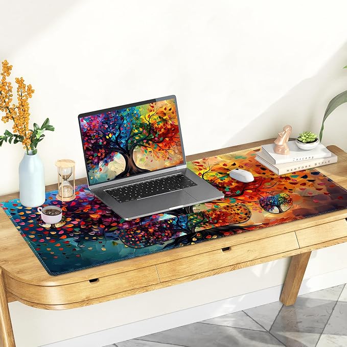 Large Gaming Mouse Pad Set, 4 in 1 Ergonomics Keyboard Desk Mat with Memory Foam Wrist Rest, Computer Extended Game Mousepad, Non-Slip Desk Matt Easy Typing Pain Relief I Colorful Tree Leave