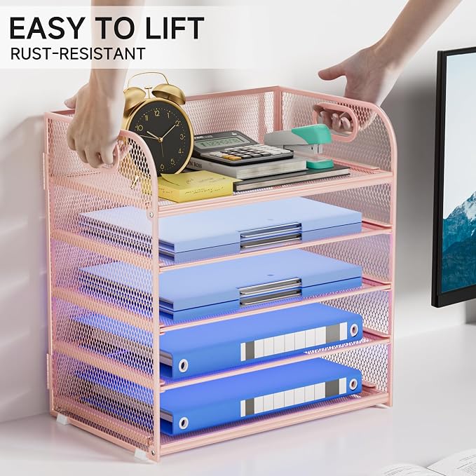 5-Tier Stackable Paper Organizer with Handle, Pink | Metal Mesh Letter Tray, Stylish Desk File Sorter for Office, Home & Classroom Supplies