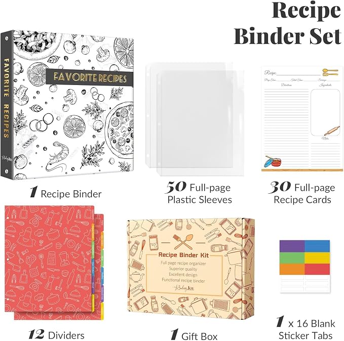 Recipe Binder with Plastic Sleeves, 8.5x11 3 Ring Blank Recipe Book Binder | Premium recipe binder kit with waterproof cover, sleeves, cards, dividers and gift box for preserving recipes-Grey Veggies.