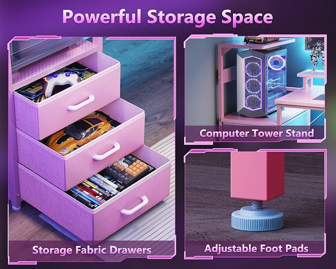 AODK 59 Inch Gaming Desk with USB Charging Ports & LED Light- Reversible Computer Desk with Storage Shelves & Monitor Stand, Modern Gamer Desk Table with Fabric Drawers, Pink