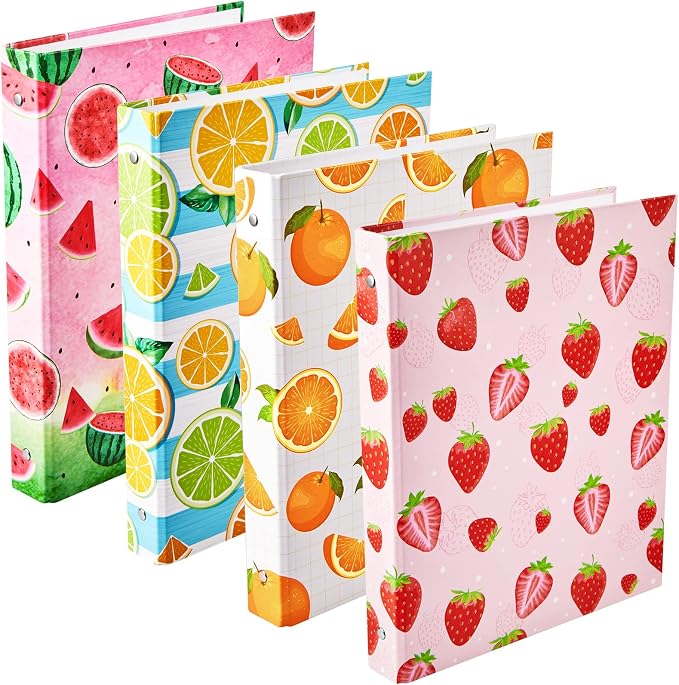 Fainne 4 Pcs Fruit 3 Ring Binder Cute Binder Lemons Strawberry Watermelon Orange Decorative Round Ring with Interior Pockets for School Office A4 Paper, 9.84 x 1.57 x 12 Inch