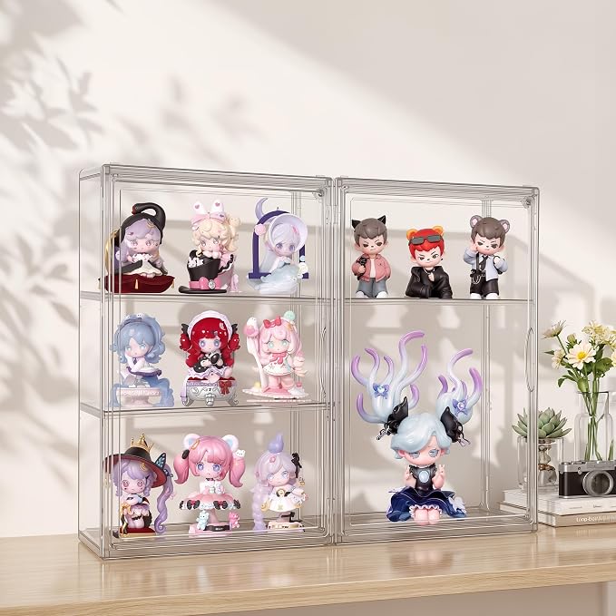 3-Tier Acrylic Display Case for Figures, Wall-Mounted Clear Action Figure Storage Organizer with Magnetic Door & 2 Adjustable Shelves, Dustproof Showcase for Collectibles, 2 Pack