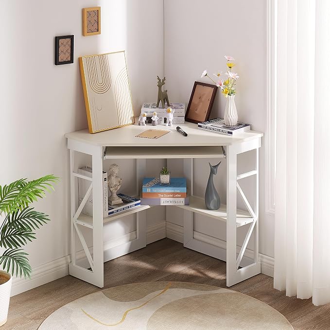 VECELO Corner Desk Computer Desk Writing Table with Smooth Keyboard Tray & Storage Shelves,Compact Home Office Triangle Table,White