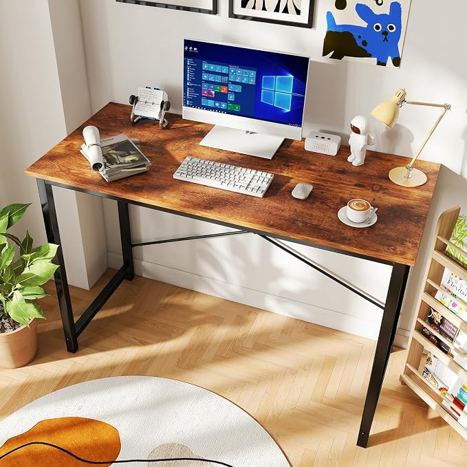 DUMOS 44 Inch Small Computer Desk, Gaming Desks for Home Office Bedroom | Modern Study Writing Work Table, Craft PC Desk Simple Workstation with Reinforcement Structure, Rustic Brown