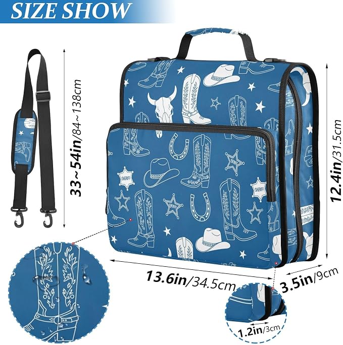 Western Cowboy Blue Pattern 3 Ring Zipper Binder with Shoulder Strap & Handle 1.5 Inch D-Ring Zippered Bag with Pencil Pouch,Expanding File Folder, Binder Organizer for School or Office