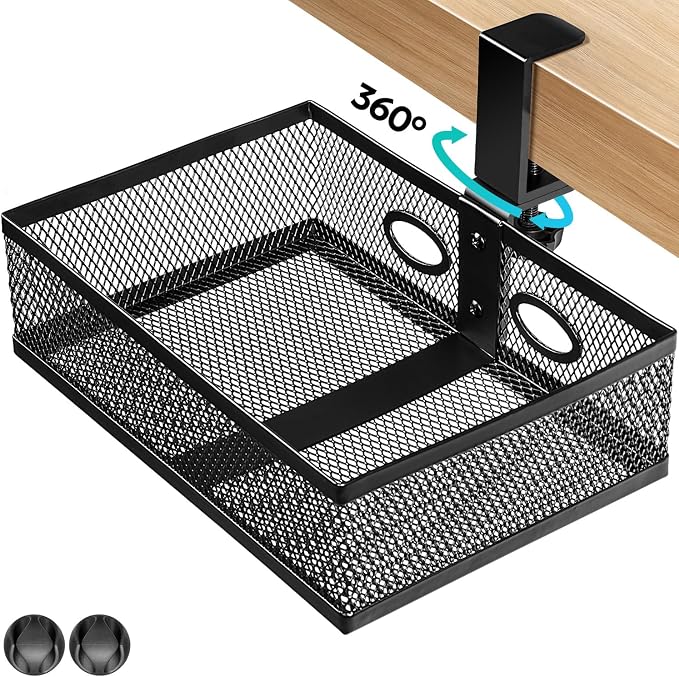 Under Desk Organizer, Clamp On 360 Swivel Mesh Drawer, No Drill, Black | Pulchrum hidden storage basket with cable holes, 10 lb capacity attachment for standing or gaming setups, home office tidy