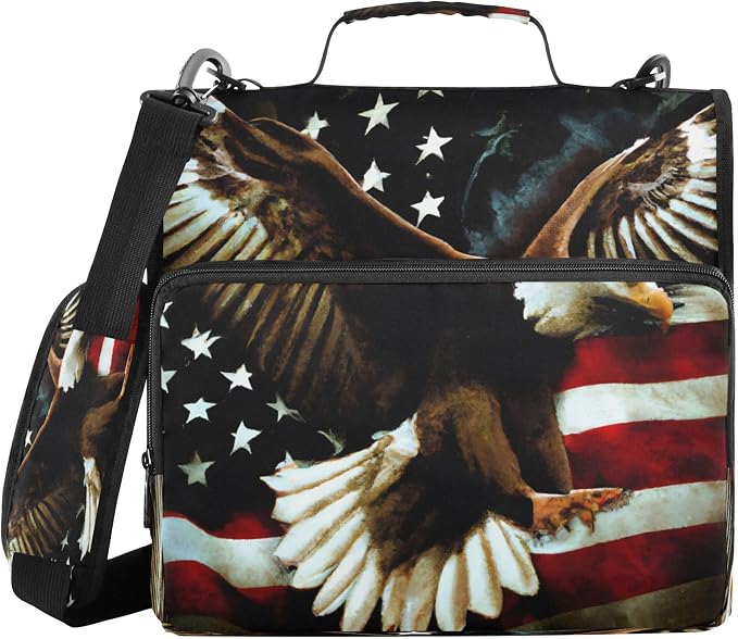 3 Ring Zipper Binder Patriotic American Theme Trapper Keeper Binder Organizer Portfolio with File and Shoulder Strap & Handle Large Capacity File Folder