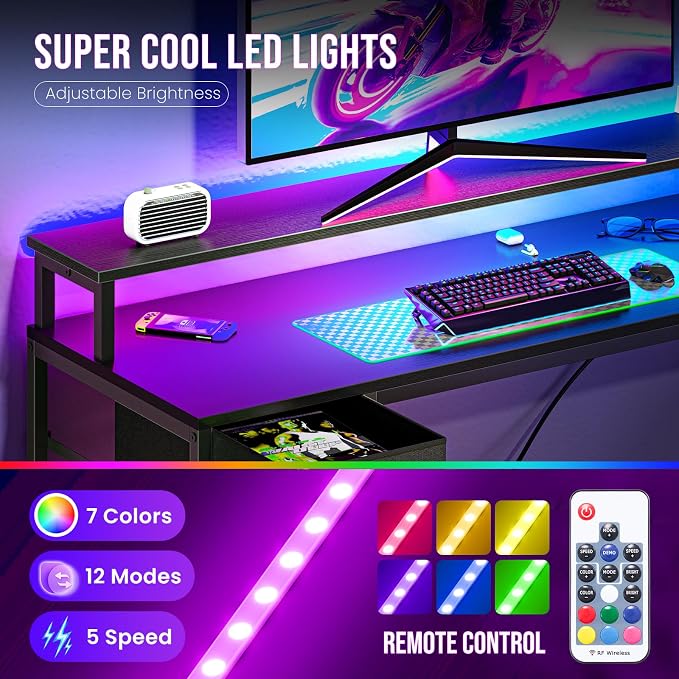 DUMOS Gaming Desk, Monitor Stand, LED Lights, Storage Shelves | USB Charging Ports, Power Outlets, Reversible L Shaped Corner, Small Spaces, Black