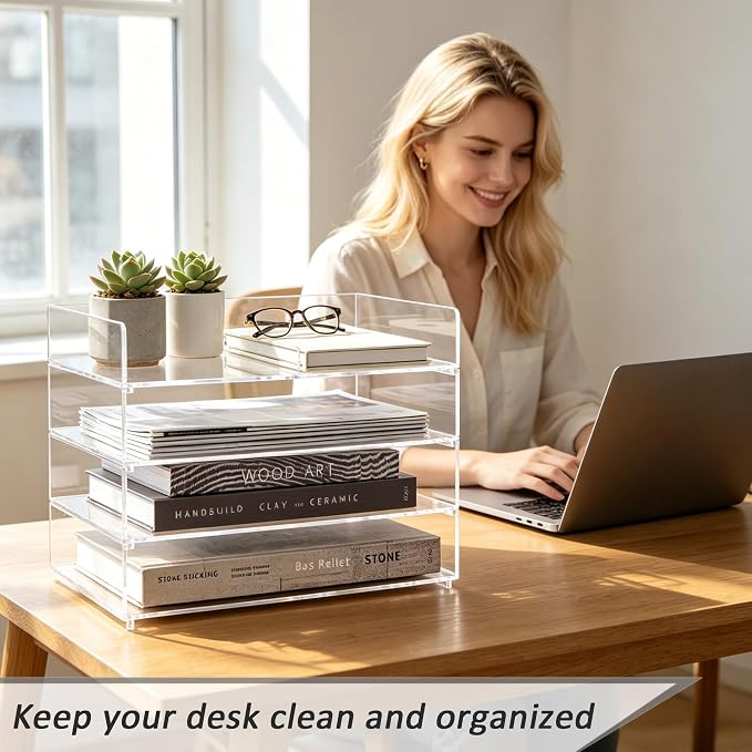 4-Tier Paper Tray Organizer Extra Large - Stackable Acrylic Desk Organizer | clear document sorter, vertical file holders, letter storage, workspace accessories, home, office, school, teachers, students