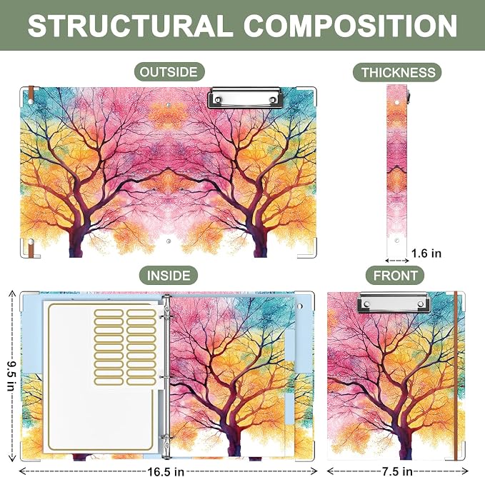 Rouidr Mini 3 Ring Binder with clipboard, 1 inch Round Binder Organizer, 8.5"x5.5" Cute Binder with 5 Dividers Tabs & Clear Sleeves, School Supplies, Office Supplies