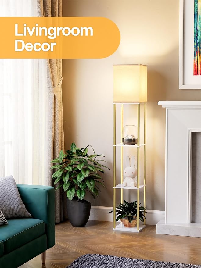 Floor Lamp with Shelves, Modern Corner Display Standing Column Shelf Lamp Etagere Organizer Tower Nightstand with White Linen Shade for Living Room, Bedroom and Office, Marble White and Gold Poles